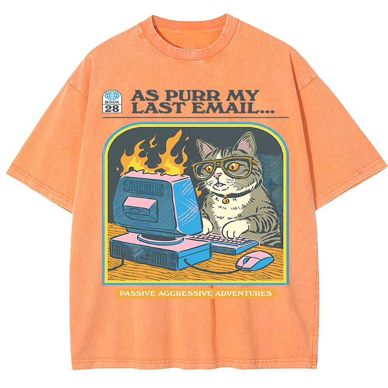 Cat Playing Computer GamesPrint Snow Wash T Shirt Man Unisex Washed Tees Casual Shortwear Soft Breathable Cotton Clothes