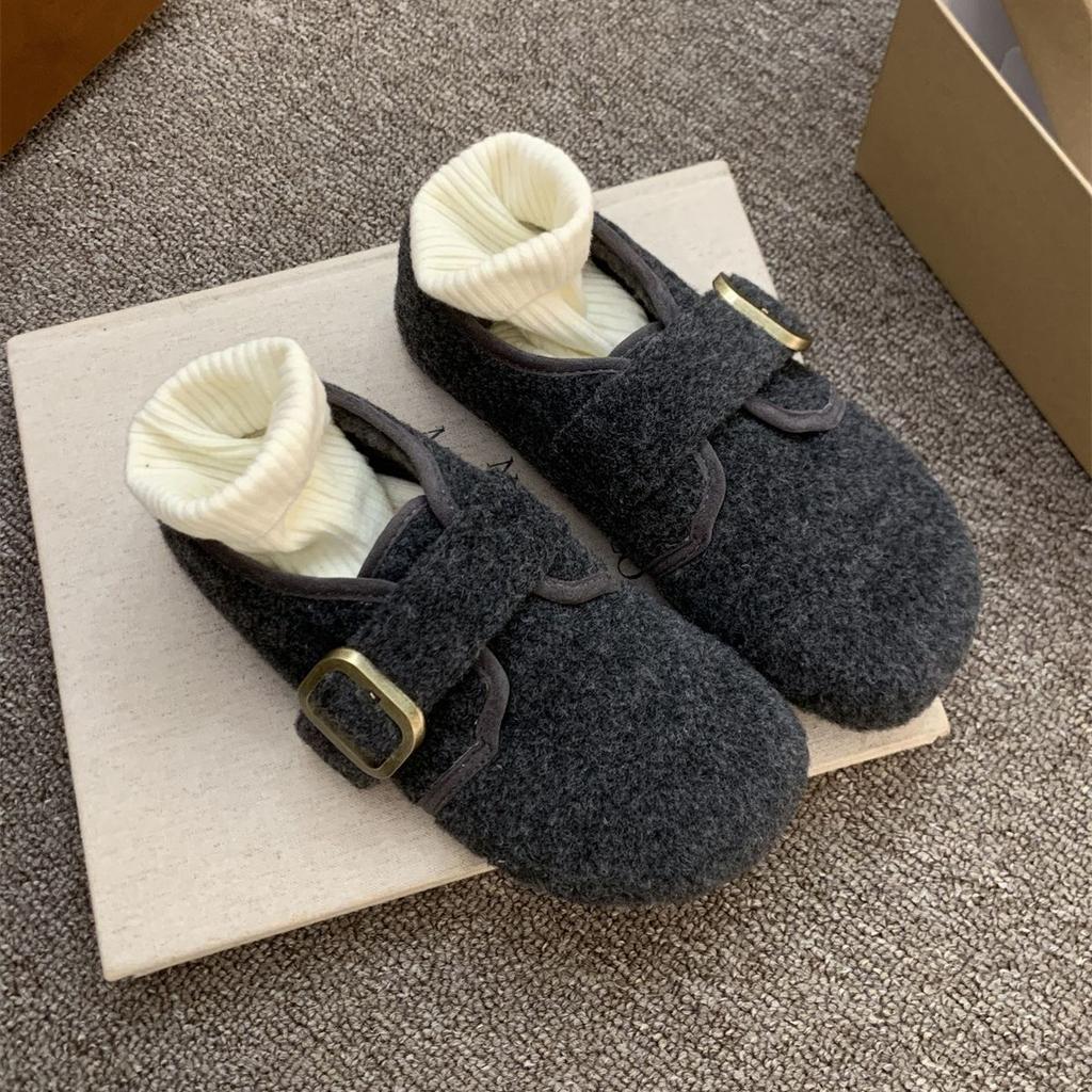 Gray fluffy shoes for women to wear in winter, new Korean version of woolen single shoes for women, flat-soled Doudou shoes, velvet thermal cotton sh