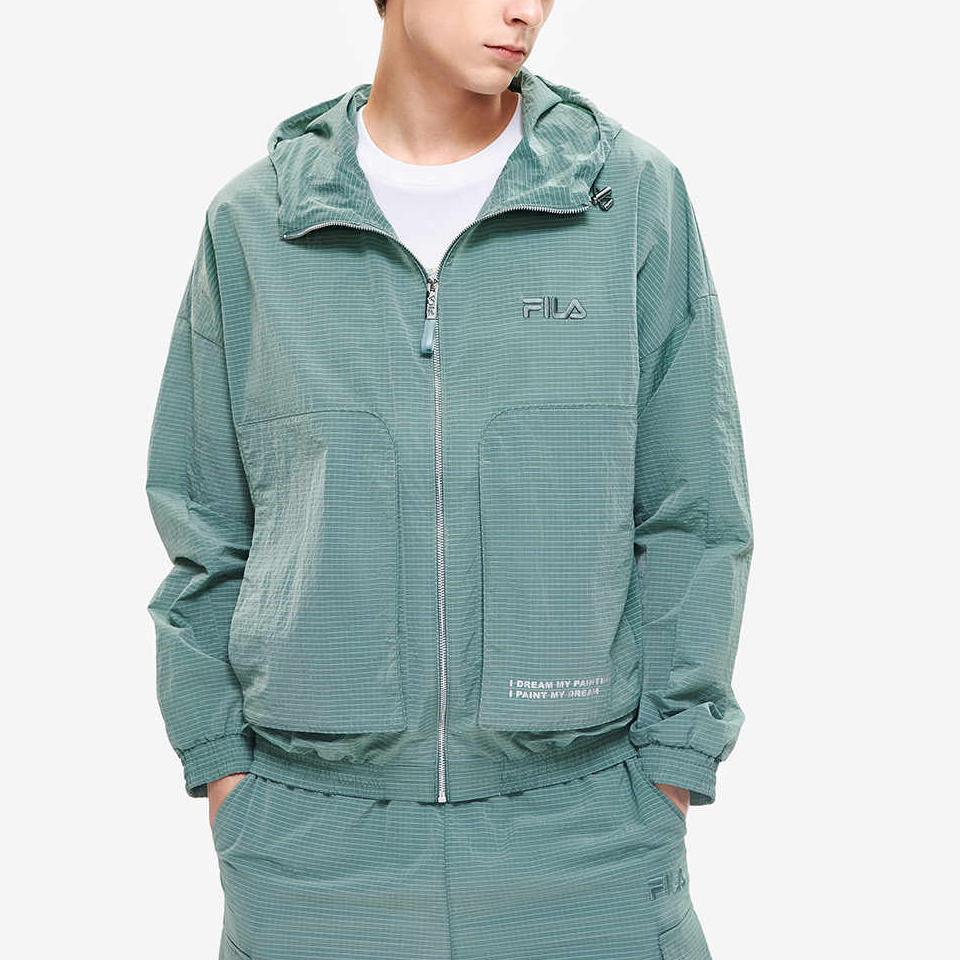 FILA Van Gogh Collaboration Solid Color Logo Breathable Woven Hooded Jacket Men jackets Ail-Green F11M228702F-TQ