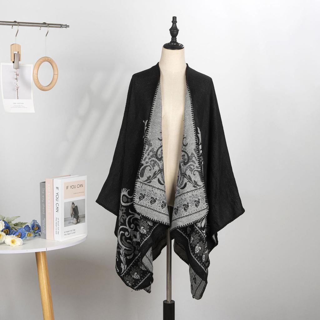 Double-Sided Imitation Cashmere Jacquard Split Women'S Shawl Warm Thickened Shawl Air-Conditioned Room Travel Cloak