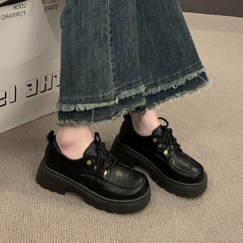 British Platform Heightening Retro Lace-up Single Shoes Brown Round Head College Style Small Leather Shoes Women's 2024 New Autumn and Winter