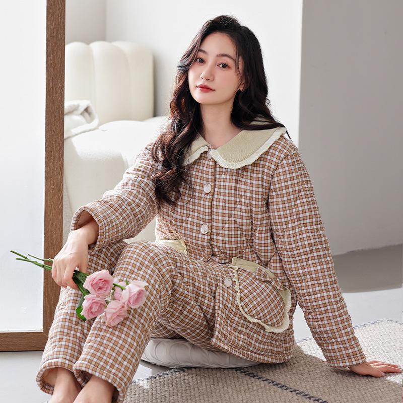 Pajamas Women'S Winter 2024 Three-Layer Thickened Velvet Woven Cotton Jacket Autumn And Winter Warm Loungewear