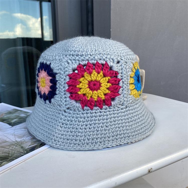 Handmade Knitted Flower Wool Hat Women's Autumn and Winter Bucket Hat Versatile Ethnic Style Warm Basin Hat Lady Foreign Style