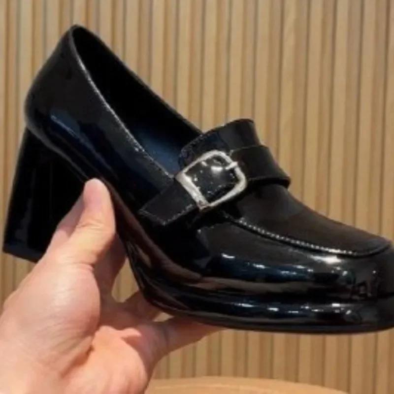 Fashion 2025 High Quality Ladies Shoes Women's Solid Loafer Shoes Square Toe Office and Career Belt Buckle Solid Best Seller Heels Women