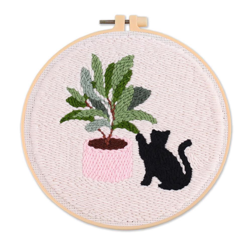 Cartoon Cat & Green Plant - Embroidery Starter Kits with Embroidery Hoops, Punch Needle Fabric with Pattern, Punch Needle Kit for Craft Lovers