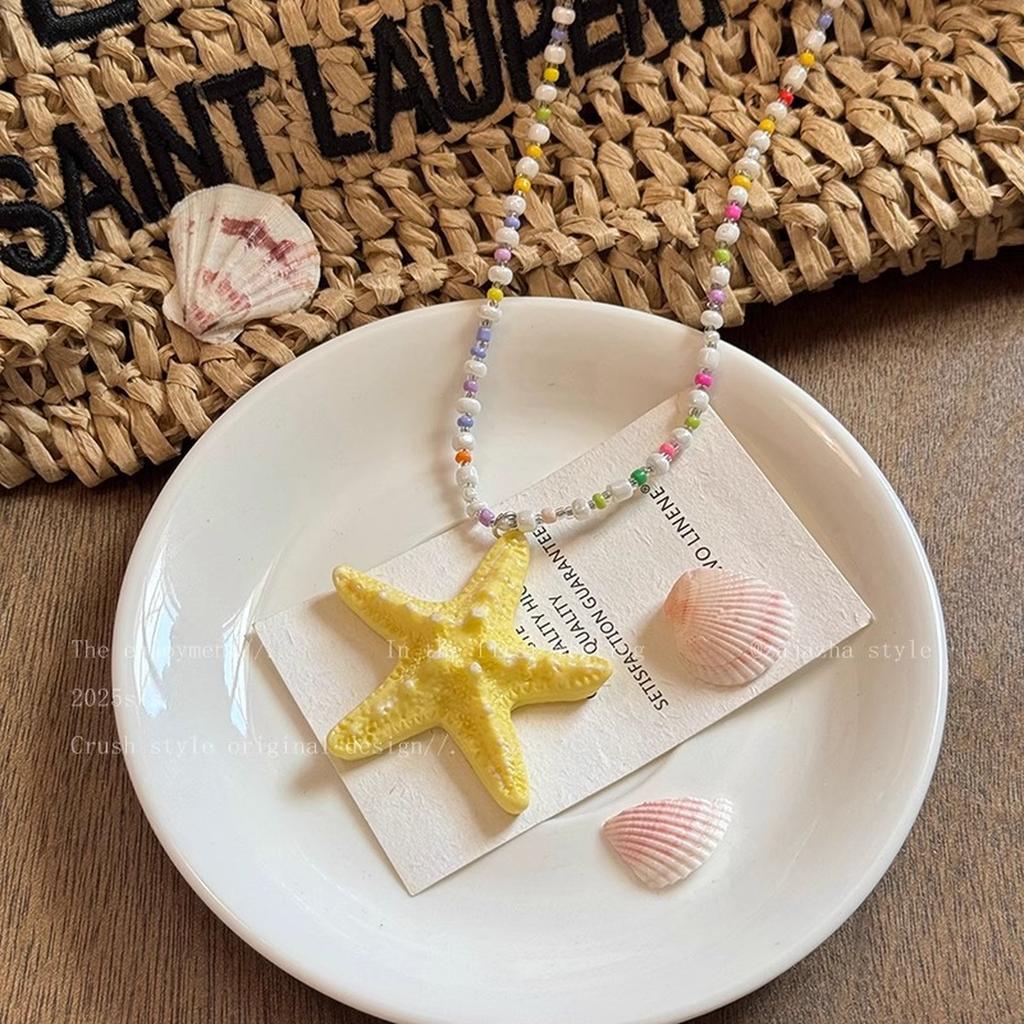 Large Resin Starfish Pendant Necklace for Women, Colorful Glass Beaded Choker, Boho Beach Statement Jewelry