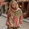 Dame Vintage Bohemian Blomstret Hættetrøje Afslappet Langærmet Hættetrøje med Lomme Oversized Blomsterkunst Print Pullover Toppe