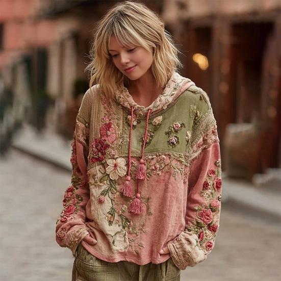 Dame Vintage Bohemian Blomstret Hættetrøje Afslappet Langærmet Hættetrøje med Lomme Oversized Blomsterkunst Print Pullover Toppe