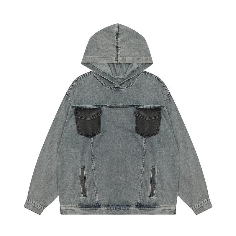 Unisex Retro Washed Denim Color Block Hoodie - Trendy, Loose Fit with Pockets