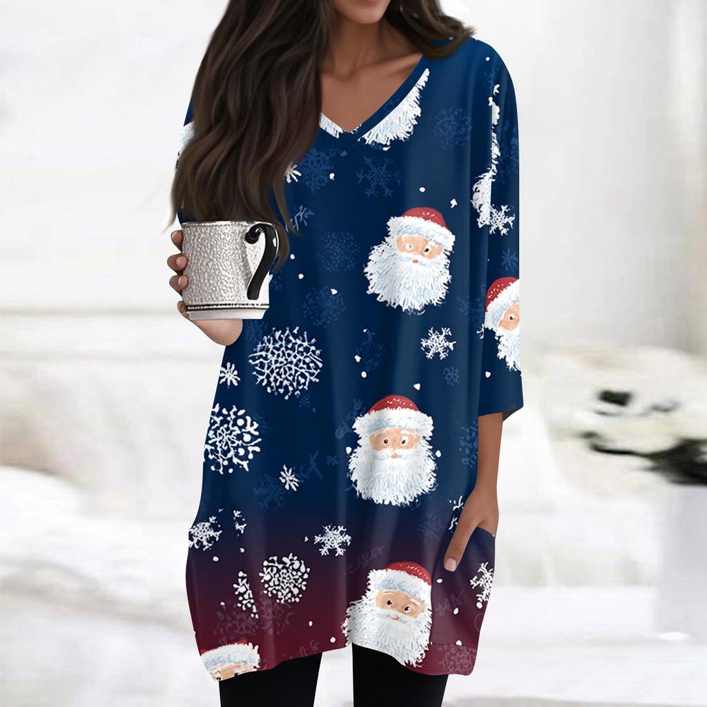 Womens Tops V-neck 3/4 Sleeve Blouses Casual Mid-length Shirts Fashion Christmas Print Tunic Tops With Pockets