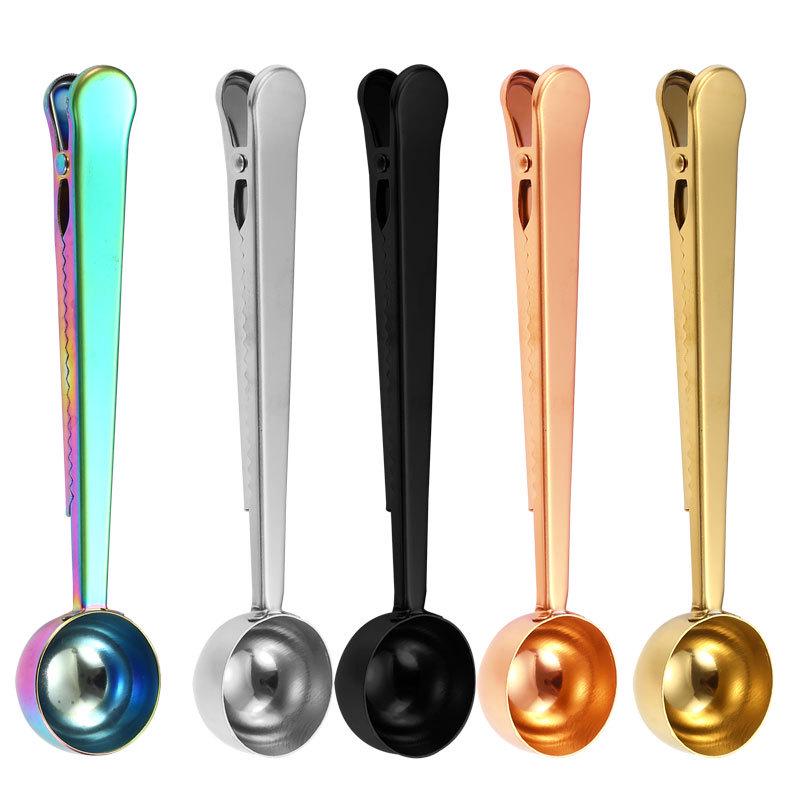 Creative Titanium-Plated Stainless Steel Coffee Spoon with Sealing Clip and Measuring Function for Milk Powder and Desserts