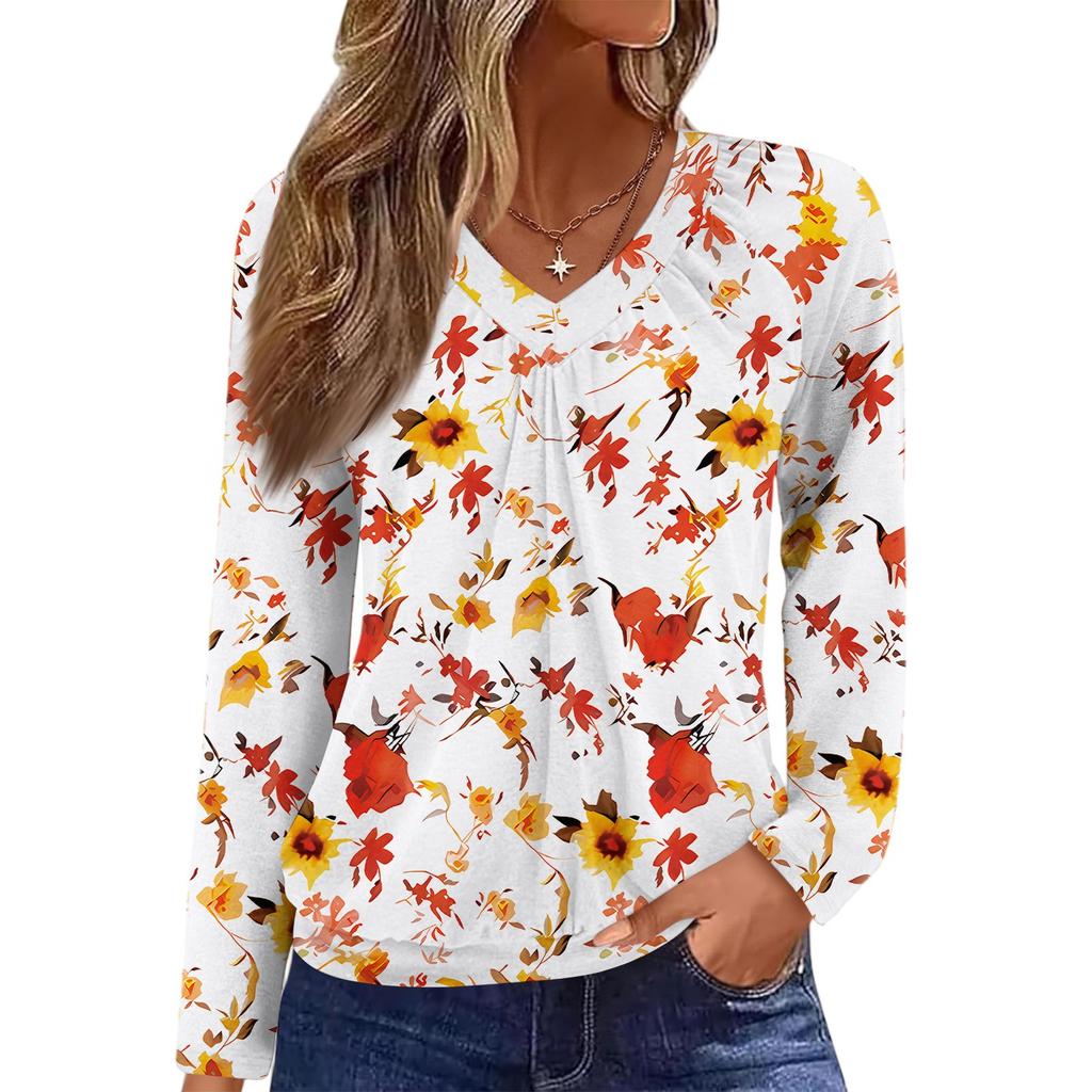 Women's Casual Fashion V-Neck Raglan Pleated Floral Print Long Sleeve Top