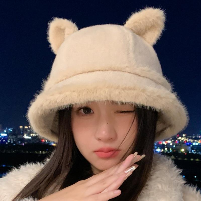 Autumn and Winter Hat Women's High-end Bucket Hat Versatile Plush Basin Hat Cat Ears Cute Warm Plush Hat