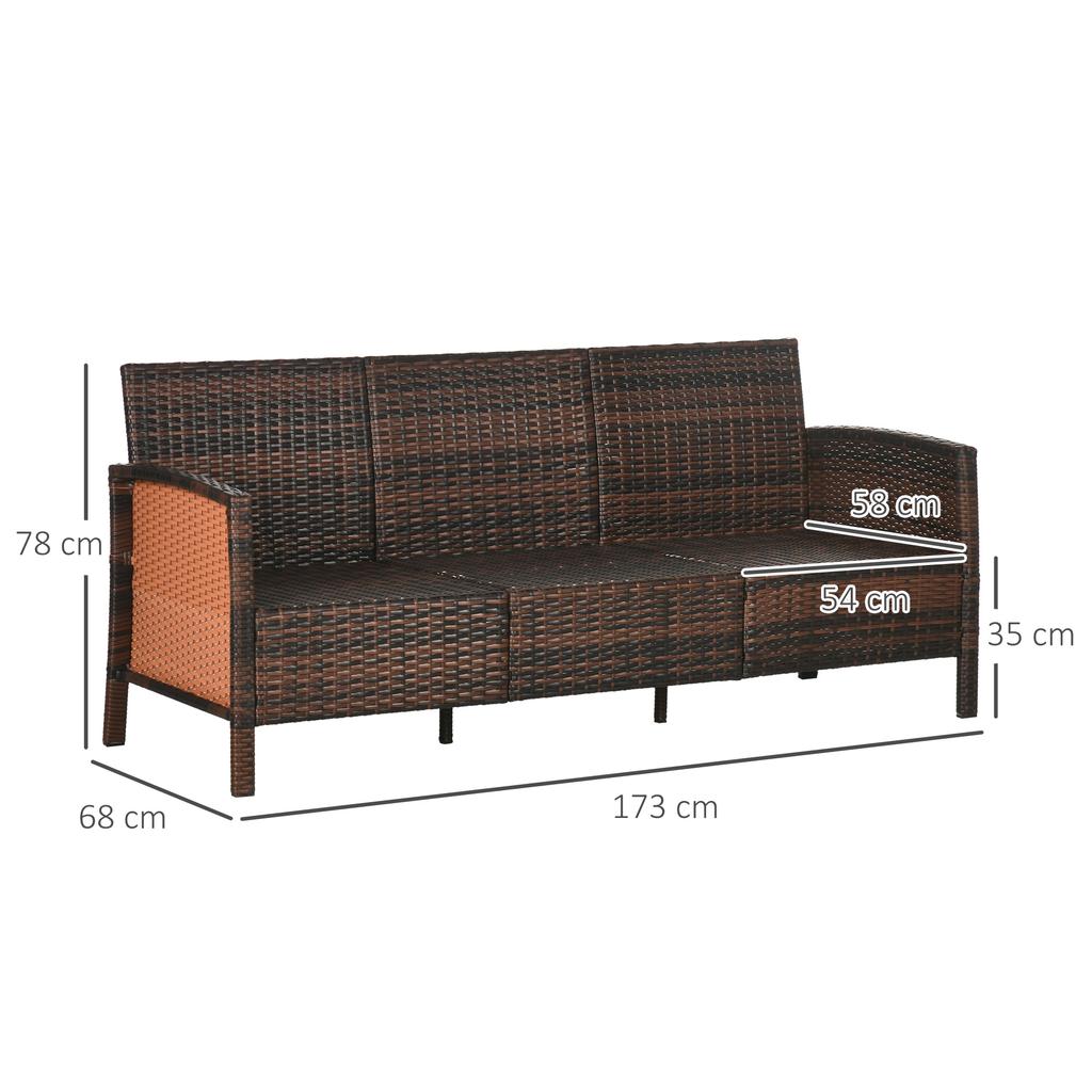 Rattan Sofa with Cushions, Three-Seater, Garden Lounge Sofa, Steel, Brown, 173 x 68 x 78 cm