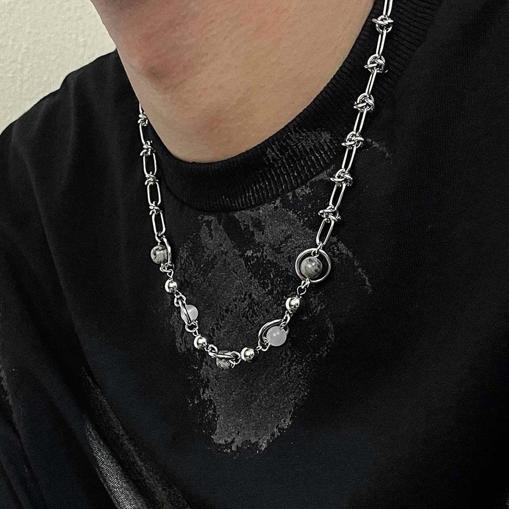Obsidian Splicing Beaded Bracelet for Men Stainless Steel Unisex Versatile Hand Chain Cold Tone Personality Hip Hop Vintage Gift