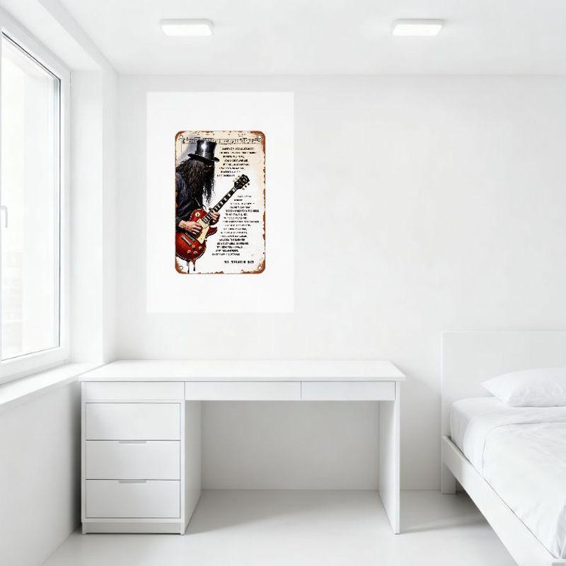 Vintage Rustic Metal Tin Sign, Long-Haired Top Hat Man Red Electric Guitar, Distressed Lyrics 'SOMETIMES I FEELS A WEIRD...' Art