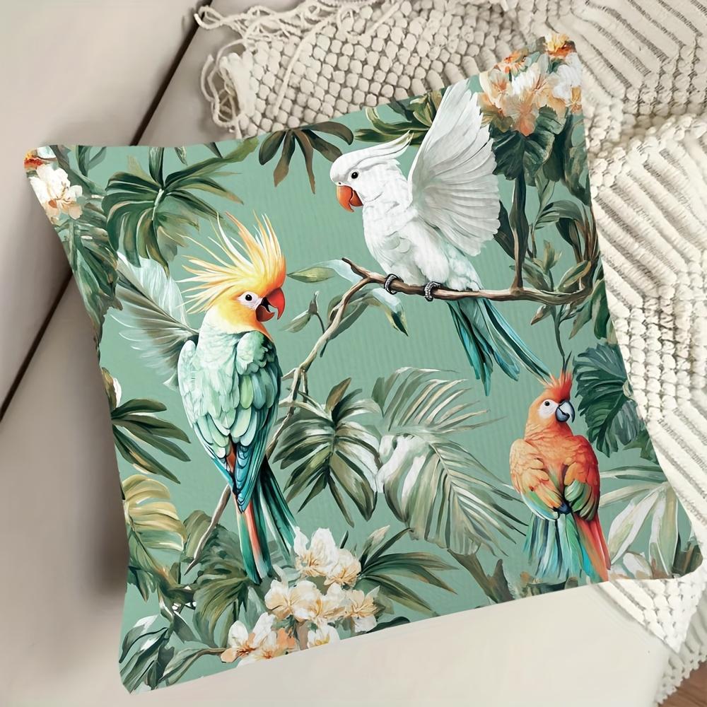 2D flach- Tropischer Dschungelvögel Kissenbezug Grün Palmenblatt Floral Nymphensittich Ara Kissenhülle für Heimdekoration