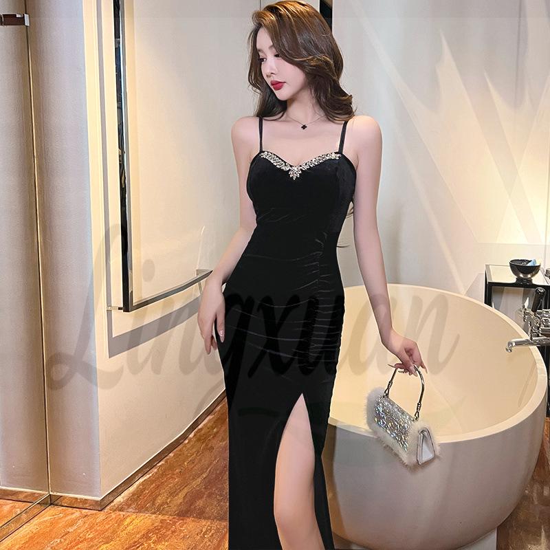 Socialite Style Sexy Low-Cut Spaghetti Strap Maxi Dress with Slimming High Waist and Slit