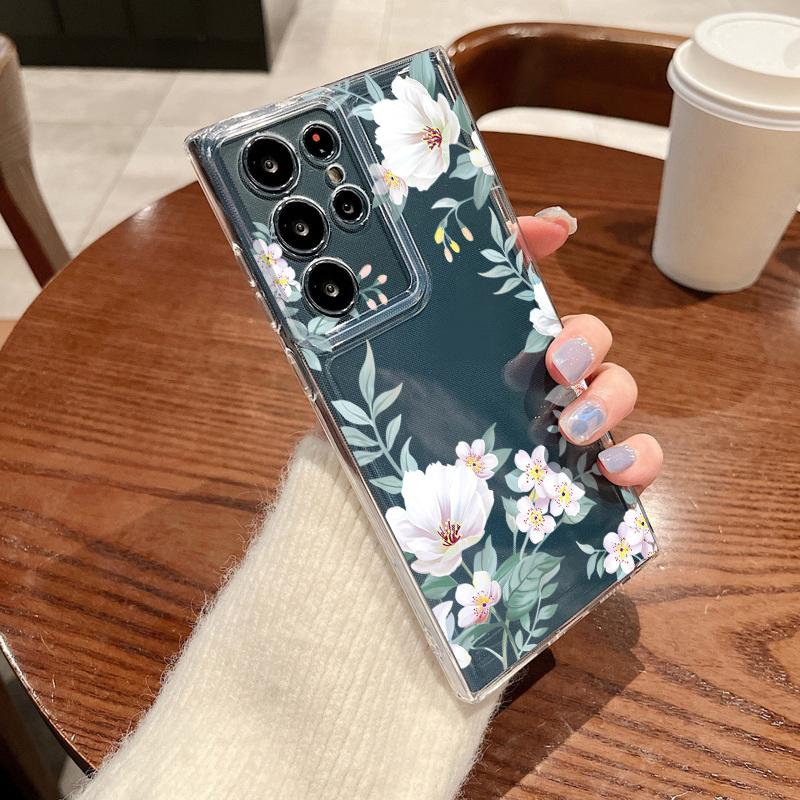 Luxury Flower Pattern Phone Case For Samsung Galaxy S26 S25 S24 S23 Ultra S22 Plus S24 S21 FE S25Edge Transparent TPU Soft Cover