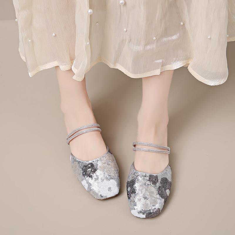 Summer New Floral Sequin Wrapped Slippers Women's Square Heel Flat Embroidered Rhinestone Sandals Two Wear