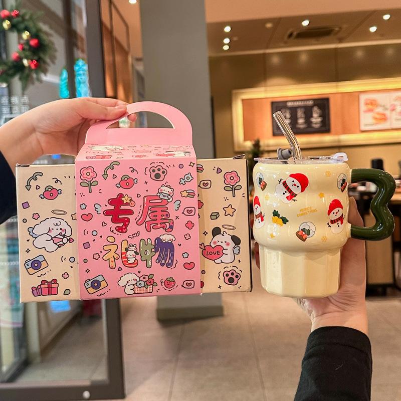 Cute Christmas Ceramic Mug with Lid for Girl's Birthday Gift High-value Straw Mug Souvenir