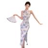 Women's National Style Printing Improved Cheongsam Split Fork Thin Dress