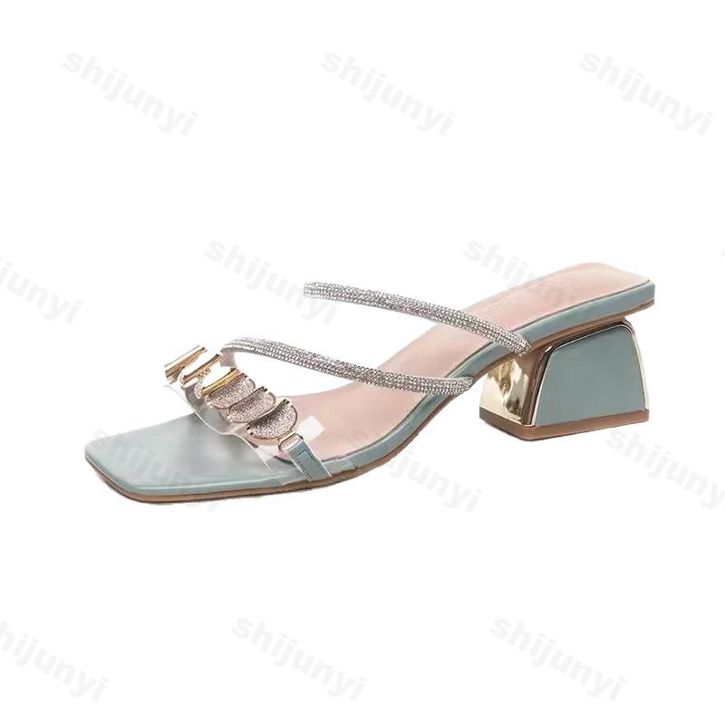 Fashion Summer Woman's High-heeled Slippers 2025 Square Toe Mules Rhinestone Fashion Glitter Slides Square Heel Pumps Sandalias De Tacón