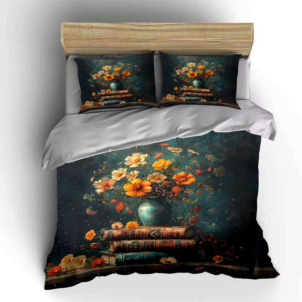 Floral Vase And Antique Books Decor Exquisite Three-Piece Bedding Set Gift For Kids And Adults EU Twin 135X200cm&set