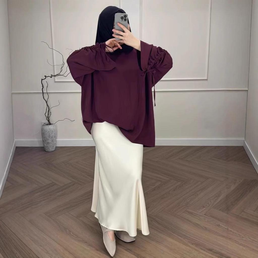 Europäischer & Amerikanischer Stil Muslimisches Farbblock Langarm Oberteil & Midi Rock Set