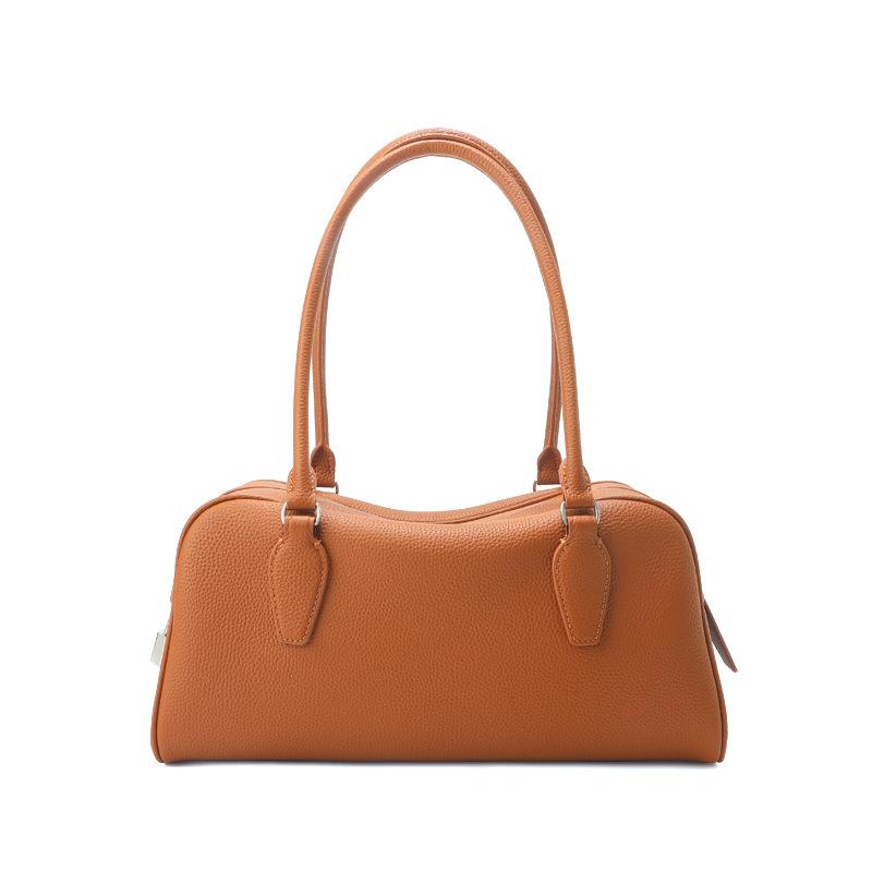 First Layer Cowhide Boston Bowling Bag Simple Women's Row Large Capacity Leather Commuter Underarm Shoulder Pillow Bag