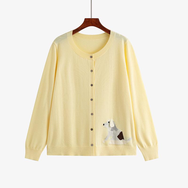 Plus Size Women's Round Neck Jacquard Cardigan - 2026 Spring Style Puppy Design
