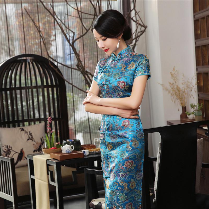 Spandex stand-up collar mid-slit long cheongsam dress women