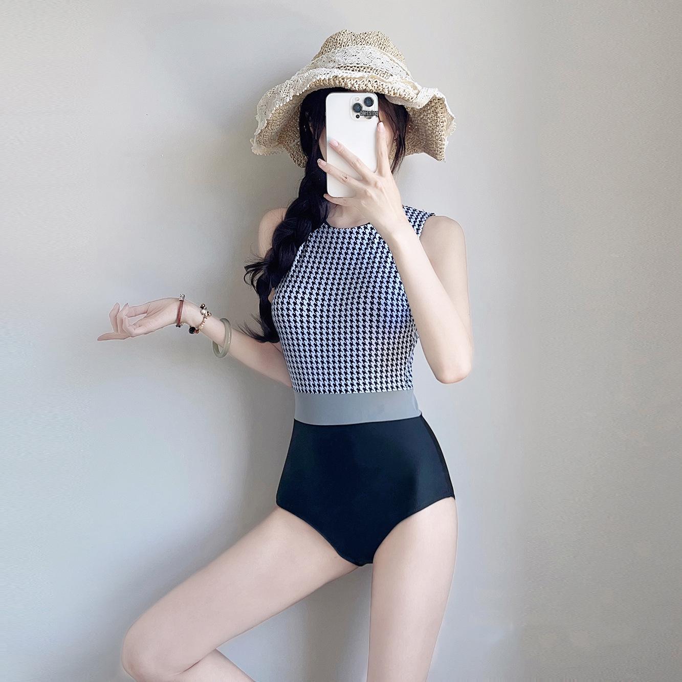 Women s High-End Retro Houndstooth Slimming One-Piece Swimsuit - Sexy Open-Back Tummy-Covering Swimwear Large