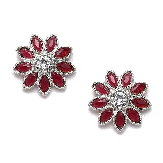 Oxidised Silver-Plated Flower & Leaf American Diamond Studded Necklace Earrings Jewellery Set for Girls and Women