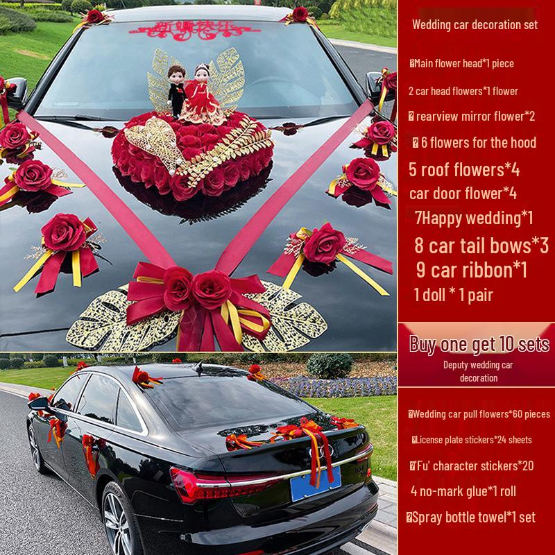 Complete Wedding Car Decoration Set: Front Flower Main Car and Lead Car Arrangement