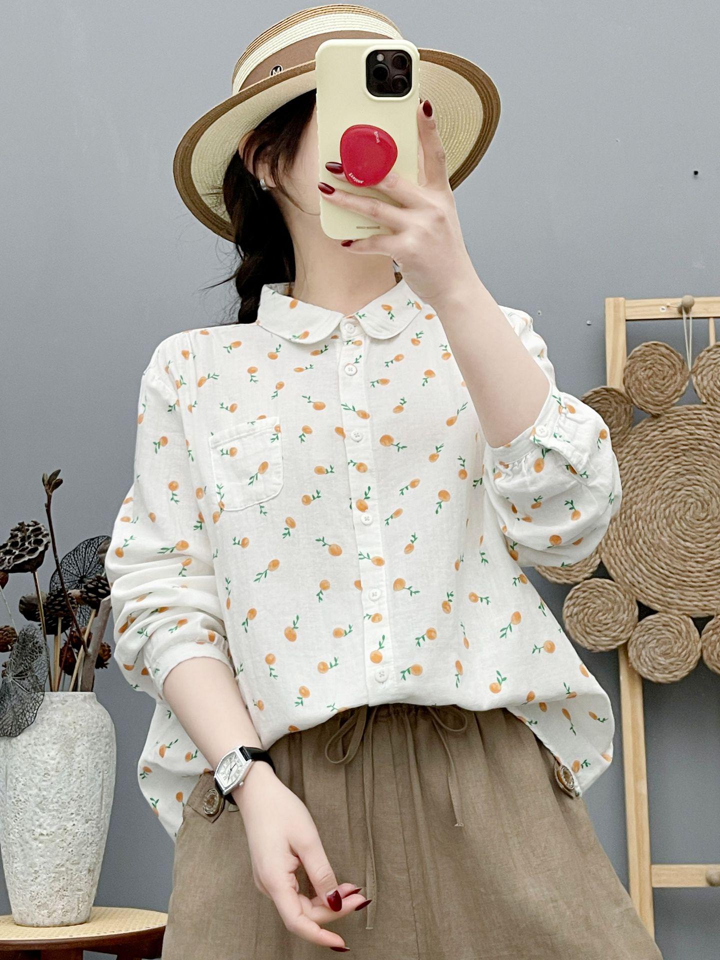 

Women s Literary Floral Double-Layer Cotton Gauze Long-Sleeved Shirt - 2026 Spring Collection Large белый