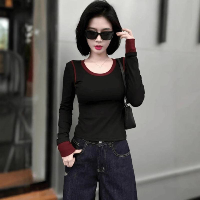 Ins Sexy Spice Crew Neck Matching Color Long-sleeved T-shirt Autumn New All-fit Slimming Pullover Base Shirt Top