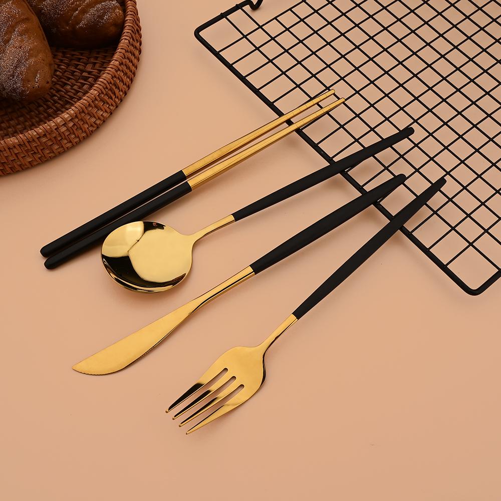 12Pcs/Set Western Golden Stainless Steel Cutlery Set Mirror Dinnerware Set Fork Spoon Chopsticks Tableware Flatware Set