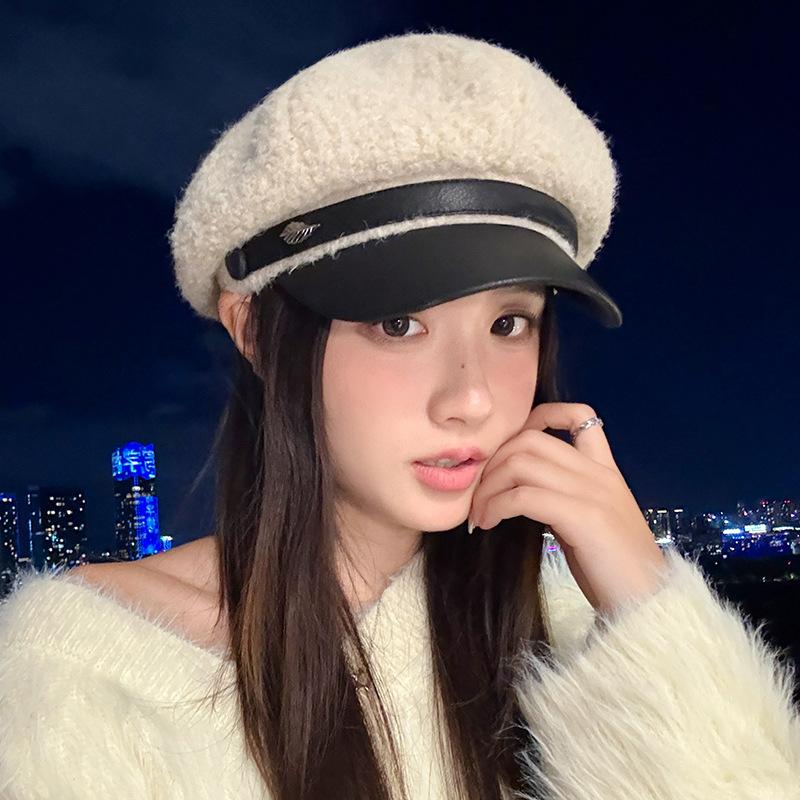 Autumn and Winter New Velvet Leather Buckle Cap Fashion Warm Navy Hat Outdoor Leisure Beret