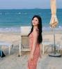 French Floral Lace-up Suspender Dress Women's Summer New Waist Thin Medium and Long Dress Red Holiday Skirt