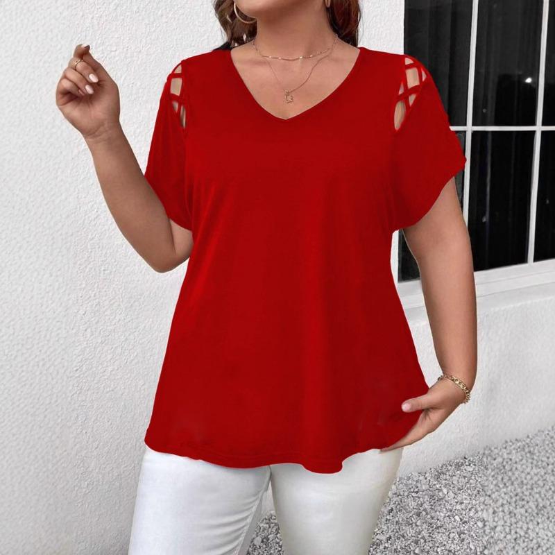 Zomer Nieuwe Casual Elegante Blouse met Kruisbanden Mode Casual Top Grote Maat Effen Kleur Zoet V-hals Uitgesneden Overhemden Korte Mouw Basis Kleding
