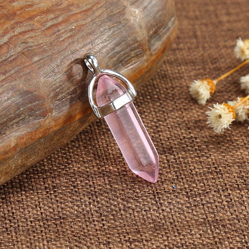 Natural Stone Amethyst & Rose Quartz Double-Pointed Hexagonal Pendant Necklace
