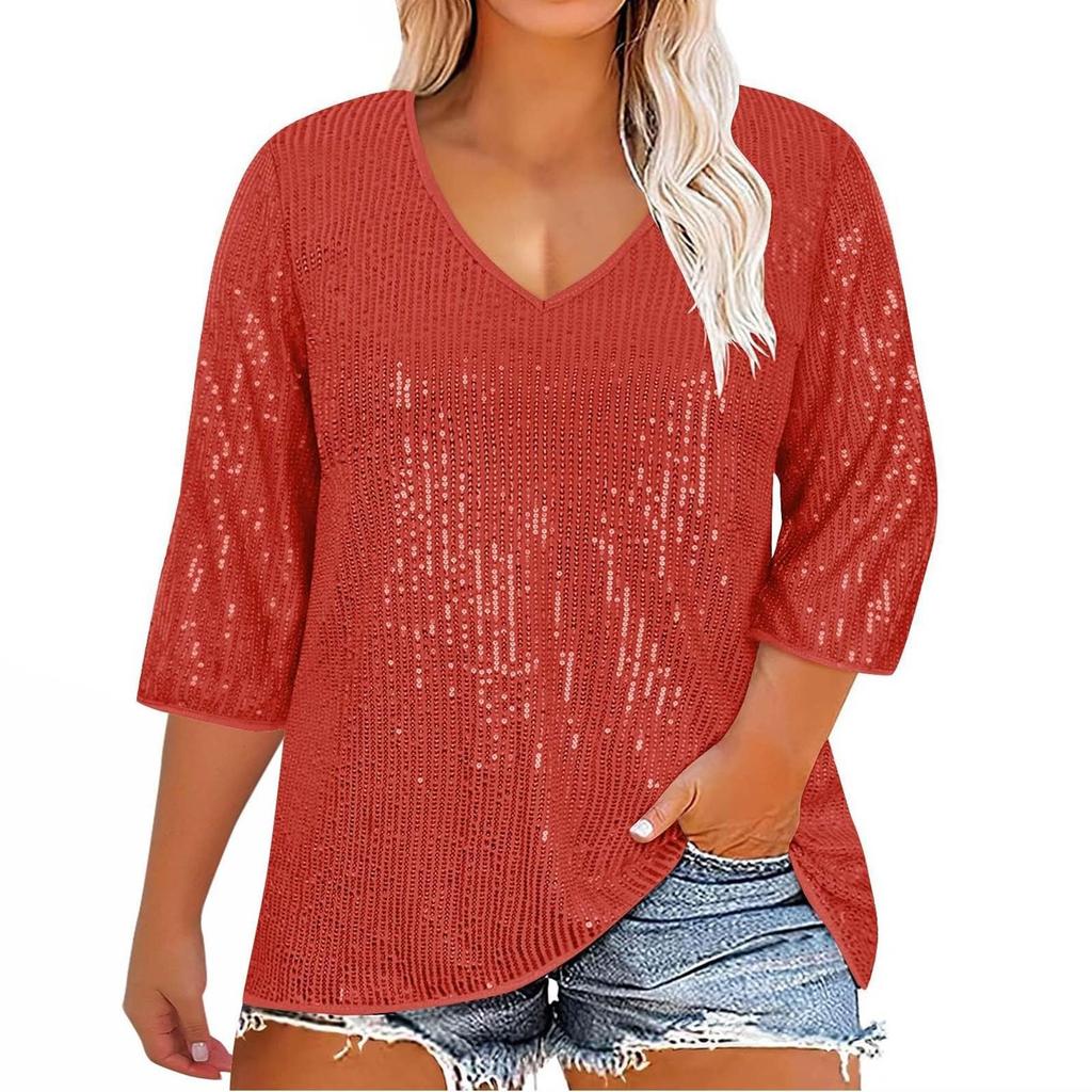 Women's Loose Large Size Solid Color Sequined V-Neck Three-quarter Sleeve T-Shirt Top