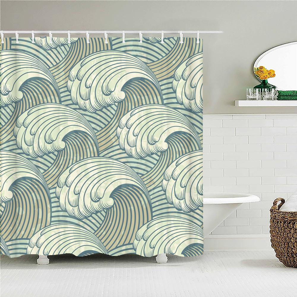 Waterproof Polyester Fabric Shower Curtain Japanese-style Waves Samurai Landscape 3d Printing Bathroom Decor Shower Curtains