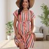 GMXIA V-neck Short-sleeved Loose Casual Striped 3D Printed Waist Tie Maternity Dress