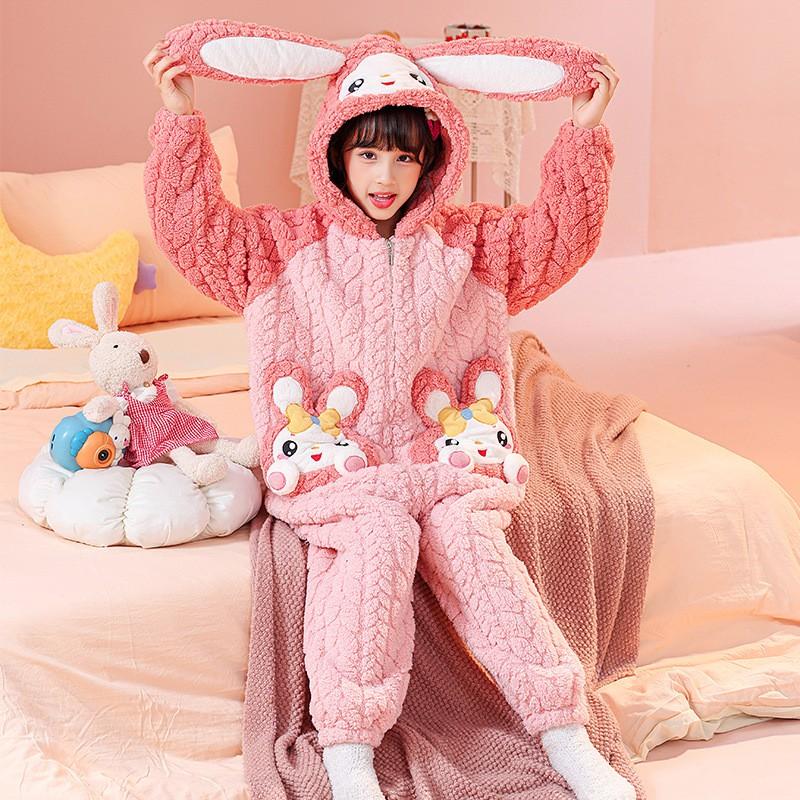 Girls Warm Coral Fleece Pajama Set With Feet Winter Sleepwear Toddlers 3-8 Years Soft Cozy One-Piece Sleepsuit