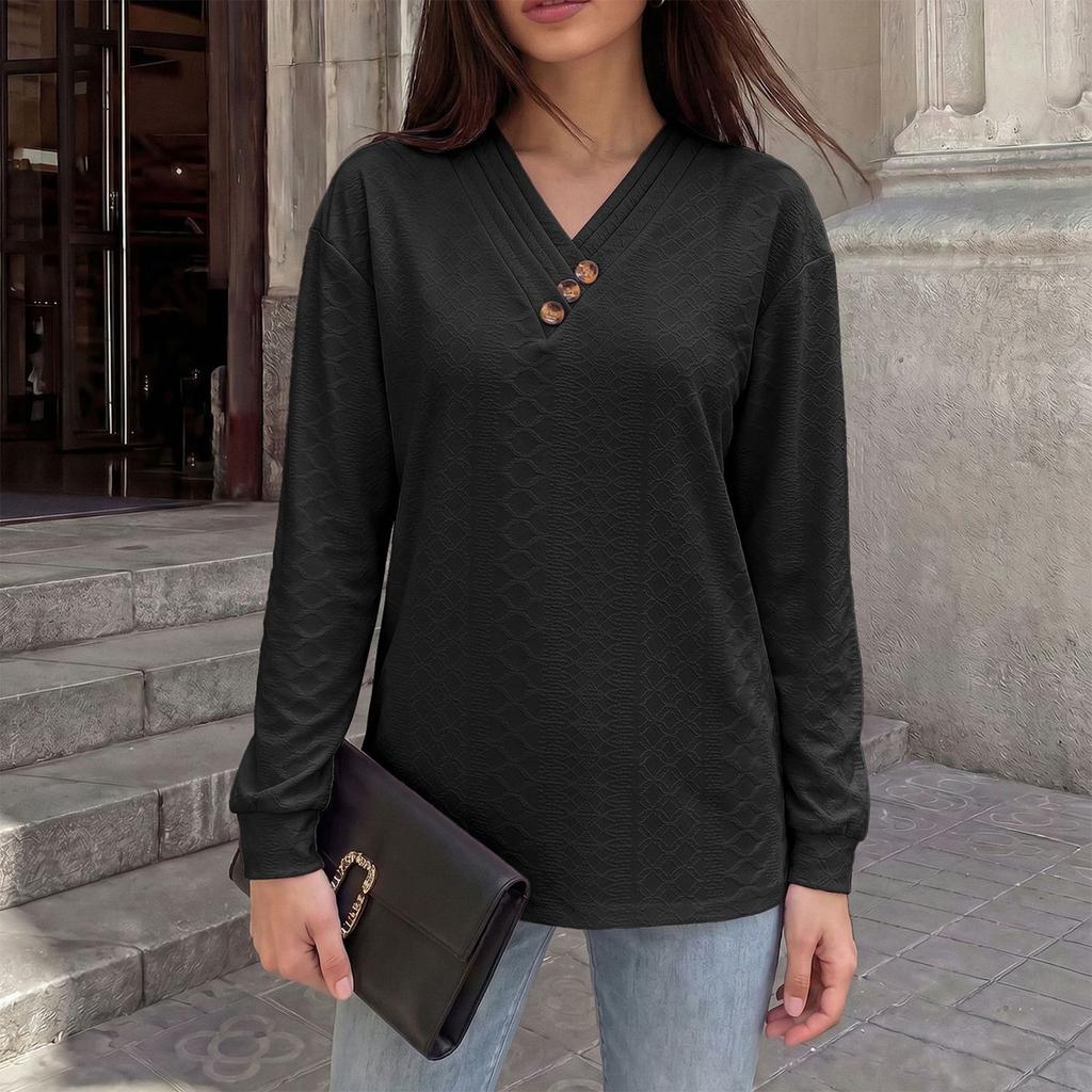 Women's V-Neck Button Front Long Sleeve Loose Fit Tunic Top for Casual Daily Wear