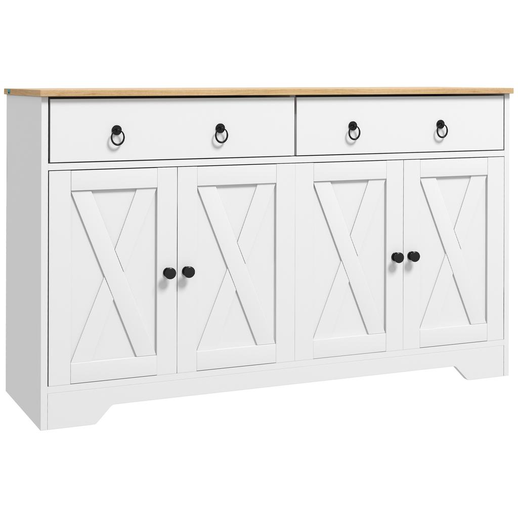 Credenza Mobile Contenitore Armadietto da Cucina Stile Rustico 2 Cassetti e 2 Ante Ripiani Regolabili in Altezza Bianco