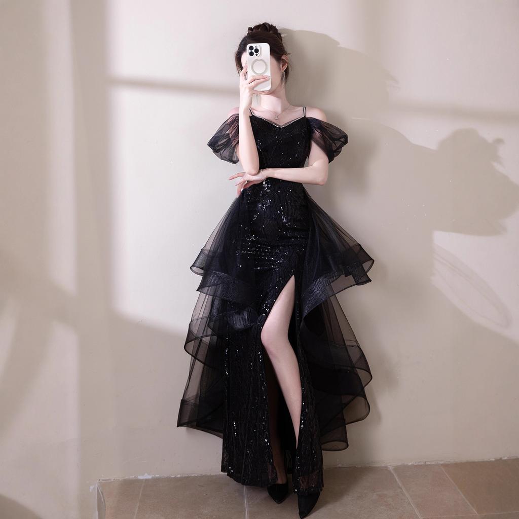 Black evening dress 1011 new banquet host sequined fishtail skirt light luxury niche bar mitzvah catwalk dress