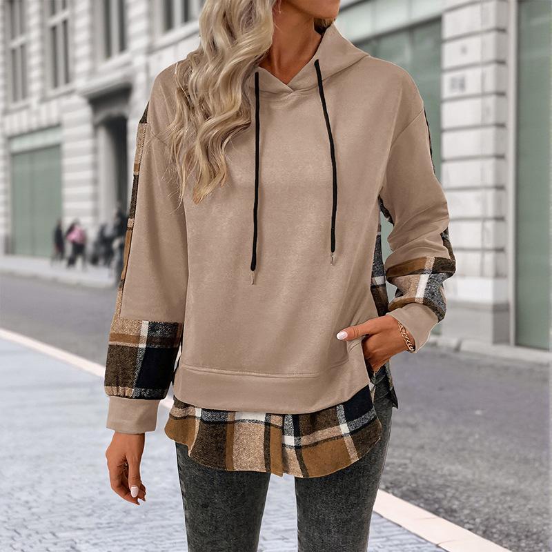 New Autumn and Winter Casual Retro Style Top, Long-sleeved Checked and Fleece Faux Two-piece Hooded Sweatshirt for Women
